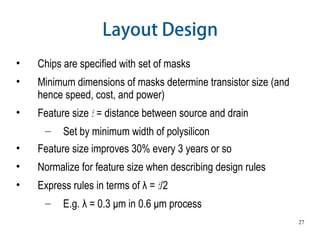 27
Layout Design
• Chips are specified with set of masks
• Minimum dimensions of masks determine transistor size (and
hence speed, cost, and power)
• Feature size f = distance between source and drain
– Set by minimum width of polysilicon
• Feature size improves 30% every 3 years or so
• Normalize for feature size when describing design rules
• Express rules in terms of  = f/2
– E.g.  = 0.3 μm in 0.6 μm process
 