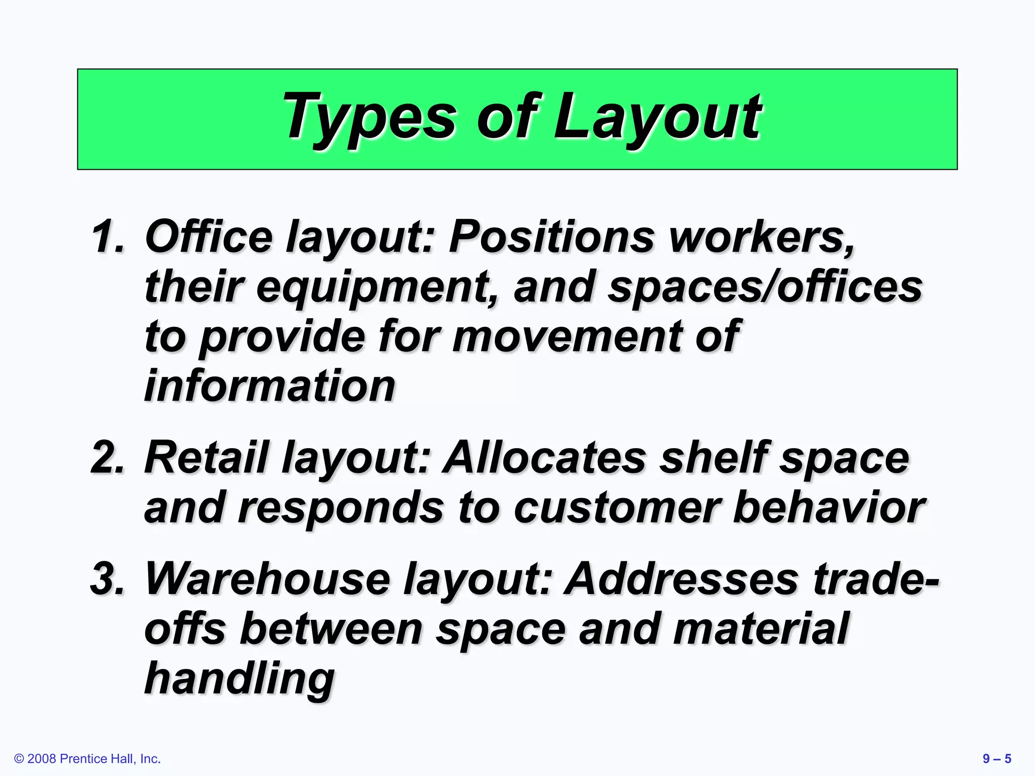 © 2008 Prentice Hall, Inc. 9 – 5
Types of Layout
1. Office layout: Positions workers,
their equipment, and spaces/offices
to provide for movement of
information
2. Retail layout: Allocates shelf space
and responds to customer behavior
3. Warehouse layout: Addresses trade-
offs between space and material
handling
 