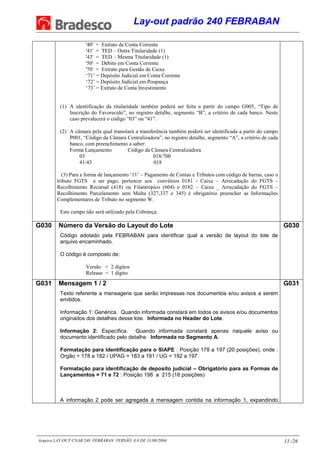 Lay-out padrão 240 FEBRABAN
Arquivo LAY-OUT CNAB 240 FEBRABAN VERSÃO 8.0 DE 31/08/2004. 11 /26
'40' = Extrato de Conta Corrente
'41' = TED – Outra Titularidade (1)
'43' = TED – Mesma Titularidade (1)
'50' = Débito em Conta Corrente
'70' = Extrato para Gestão de Caixa
‘71’ = Depósito Judicial em Conta Corrente
‘72’ = Depósito Judicial em Poupança
‘73’ = Extrato de Conta Investimento
(1) A identificação da titularidade também poderá ser feita a partir do campo G005, “Tipo de
Inscrição do Favorecido”, no registro detalhe, segmento “B”, a critério de cada banco. Neste
caso prevalecerá o código “03” ou “41”.
(2) A câmara pela qual transitará a transferência também poderá ser identificada a partir do campo
P001, “Código da Câmara Centralizadora”, no registro detalhe, segmento “A”, a critério de cada
banco, com preenchimento a saber:
Forma Lançamento Código da Câmara Centralizadora
03 018/700
41/43 018
(3) Para a forma de lançamento ‘11’ – Pagamento de Contas e Tributos com código de barras, caso o
tributo FGTS a ser pago, pertencer aos convênios 0181 - Caixa – Arrecadação do FGTS –
Recolhimento Recursal (418) ou Filantrópico (604) e 0182 – Caixa _ Arrecadação do FGTS –
Recolhimento Parcelamento sem Multa (327,337 e 345) é obrigatório preencher as Informações
Complementares de Tributo no segmento W.
Este campo não será utilizado pela Cobrança.
G030 Número da Versão do Layout do Lote
Código adotado pela FEBRABAN para identificar qual a versão de layout do lote de
arquivo encaminhado.
O código é composto de:
Versão = 2 dígitos
Release = 1 dígito
G030
G031 Mensagem 1 / 2
Texto referente a mensagens que serão impressas nos documentos e/ou avisos a serem
emitidos.
Informação 1: Genérica. Quando informada constará em todos os avisos e/ou documentos
originados dos detalhes desse lote. Informada no Header do Lote.
Informação 2: Específica. Quando informada constará apenas naquele aviso ou
documento identificado pelo detalhe. Informada no Segmento A.
Formatação para identificação para o SIAPE : Posição 178 a 197 (20 posições), onde :
Orgão = 178 a 182 / UPAG = 183 a 191 / UG = 192 a 197.
Formatação para identificação de deposito judicial – Obrigatório para as Formas de
Lançamentos = 71 e 72 : Posição 198 a 215 (18 posições)
A informação 2 pode ser agregada à mensagem contida na informação 1, expandindo
G031
 