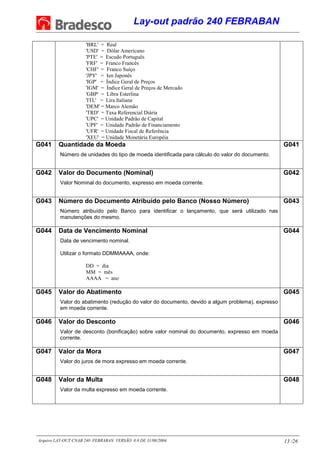 Lay-out padrão 240 FEBRABAN
Arquivo LAY-OUT CNAB 240 FEBRABAN VERSÃO 8.0 DE 31/08/2004. 13 /26
'BRL' = Real
'USD' = Dólar Americano
'PTE' = Escudo Português
'FRF' = Franco Francês
'CHF' = Franco Suíço
'JPY' = Ien Japonês
'IGP' = Índice Geral de Preços
'IGM' = Índice Geral de Preços de Mercado
'GBP' = Libra Esterlina
'ITL' = Lira Italiana
'DEM' = Marco Alemão
'TRD' = Taxa Referencial Diária
'UPC' = Unidade Padrão de Capital
'UPF' = Unidade Padrão de Financiamento
'UFR' = Unidade Fiscal de Referência
'XEU' = Unidade Monetária Européia
G041 Quantidade da Moeda
Número de unidades do tipo de moeda identificada para cálculo do valor do documento.
G041
G042 Valor do Documento (Nominal)
Valor Nominal do documento, expresso em moeda corrente.
G042
G043 Número do Documento Atribuído pelo Banco (Nosso Número)
Número atribuído pelo Banco para identificar o lançamento, que será utilizado nas
manutenções do mesmo.
G043
G044 Data de Vencimento Nominal
Data de vencimento nominal.
Utilizar o formato DDMMAAAA, onde:
DD = dia
MM = mês
AAAA = ano
G044
G045 Valor do Abatimento
Valor do abatimento (redução do valor do documento, devido a algum problema), expresso
em moeda corrente.
G045
G046 Valor do Desconto
Valor de desconto (bonificação) sobre valor nominal do documento, expresso em moeda
corrente.
G046
G047 Valor da Mora
Valor do juros de mora expresso em moeda corrente.
G047
G048 Valor da Multa
Valor da multa expresso em moeda corrente.
G048
 