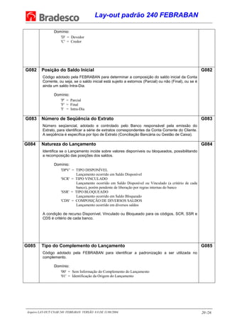 Lay-out padrão 240 FEBRABAN
Arquivo LAY-OUT CNAB 240 FEBRABAN VERSÃO 8.0 DE 31/08/2004. 20 /26
Domínio:
'D' = Devedor
'C' = Credor
G082 Posição do Saldo Inicial
Código adotado pela FEBRABAN para determinar a composição do saldo inicial da Conta
Corrente, ou seja, se o saldo inicial está sujeito a estornos (Parcial) ou não (Final), ou se é
ainda um saldo Intra-Dia.
Domínio:
'P' = Parcial
'F' = Final
'I' = Intra-Dia
G082
G083 Número de Seqüência do Extrato
Número seqüencial, adotado e controlado pelo Banco responsável pela emissão do
Extrato, para identificar a série de extratos correspondentes da Conta Corrente do Cliente.
A seqüência é específica por tipo de Extrato (Conciliação Bancária ou Gestão de Caixa).
G083
G084 Natureza do Lançamento
Identifica se o Lançamento incide sobre valores disponíveis ou bloqueados, possibilitando
a recomposição das posições dos saldos.
Domínio:
'DPV' = TIPO DISPONÍVEL
Lançamento ocorrido em Saldo Disponível
'SCR' = TIPO VINCULADO
Lançamento ocorrido em Saldo Disponível ou Vinculado (a critério de cada
banco), porém pendente de liberação por regras internas do banco
'SSR' = TIPO BLOQUEADO
Lançamento ocorrido em Saldo Bloqueado
'CDS' = COMPOSIÇÃO DE DIVERSOS SALDOS
Lançamento ocorrido em diversos saldos
A condição de recurso Disponível, Vinculado ou Bloqueado para os códigos, SCR, SSR e
CDS é critério de cada banco.
G084
G085 Tipo do Complemento do Lançamento
Código adotado pela FEBRABAN para identificar a padronização a ser utilizada no
complemento.
Domínio:
'00' = Sem Informação do Complemento do Lançamento
'01' = Identificação da Origem do Lançamento
G085
 