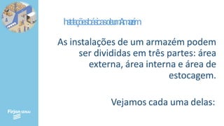 I
n
s
t
a
l
a
ç
õ
e
sbásic
asd
eu
m
A
r
m
a
z
é
m
As instalações de um armazém podem
ser divididas em três partes: área
externa, área interna e área de
estocagem.
Vejamos cada uma delas:
 