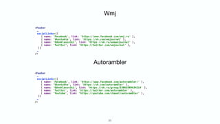 23
<Footer
…
socialLinks={[
{ name: 'Facebook', link: 'https://www.facebook.com/wmj.ru' },
{ name: 'Vkontakte', link: 'https://vk.com/wmjournal' },
{ name: 'Odnoklassniki', link: 'https://ok.ru/womanjournal' },
{ name: 'Twitter', link: 'https://twitter.com/wmjournal' },
]}
…
/>
<Footer
…
socialLinks={[
{ name: 'Facebook', link: 'https://www.facebook.com/autorambler/' },
{ name: 'Vkontakte', link: 'https://vk.com/autorambler' },
{ name: 'Odnoklassniki', link: 'https://ok.ru/group/53065509634214' },
{ name: 'Twitter', link: 'https://twitter.com/autorambler' },
{ name: 'Youtube', link: ‘https://youtube.com/chanel/autorambler' },
]}
…
/>
Autorambler
Wmj
 