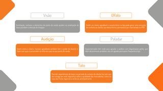 Visão
Iluminação, cartazes e elementos de ponto de venda ajudam na sinalização da
loja e prendem a atenção do shopper.
Olfato
Emitir um cheiro agradável e característico na loja pode gerar uma sensação
de conforto ao cliente, que dessa forma, permanece por mais tempo no PDV.
Tato
Permitir experiências de toque na jornada de compra do cliente faz com que
ele consiga ter mais segurança sobre a qualidade das mercadorias, como no
caso das frutas, legumes e verduras, principalmente.
Paladar
Supermercados têm tudo para agradar o público com degustações grátis, que
além de promover produtos, são um agrado para quem frequenta a loja.
Audição
Assim como o cheiro, músicas agradáveis também têm o poder de divertir e
fazer com que o consumidor se sinta em casa no seu ponto de venda.
 