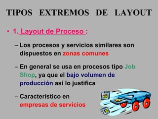 TIPOS  EXTREMOS  DE  LAYOUT 1.  Layout de Proceso  : Los procesos y servicios similares son dispuestos en  zonas comunes En general se usa en procesos tipo  Job Shop , ya que el  bajo volumen de producción   así lo justifica Característico en  empresas de servicios   