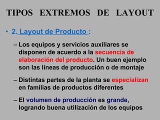 2.  Layout de Producto  : Los equipos y servicios auxiliares se disponen de acuerdo a la  secuencia de elaboración del producto . Un buen ejemplo son las líneas de producción o de montaje Distintas partes de la planta se  especializan  en familias de productos diferentes El  volumen de producción  es  grande , logrando buena utilización de los equipos TIPOS  EXTREMOS  DE  LAYOUT 