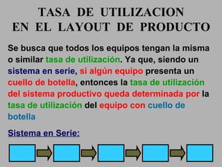 TASA  DE  UTILIZACION EN  EL  LAYOUT  DE  PRODUCTO Se busca que todos los equipos tengan la misma o similar  tasa de utilización . Ya que, siendo un  sistema en serie ,  si algún equipo   presenta un   cuello de botella , entonces la  tasa de utilización  del sistema productivo queda determinada por  la  tasa de utilización  del  equipo con  cuello de botella Sistema en Serie: 