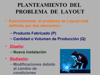 PLANTEAMIENTO  DEL  PROBLEMA  DE  LAYOUT Diseño :  Nueva instalación Rediseño :  Modificaciones debido al cambio de condiciones Esencialmente, el problema de Layout está definido por dos elementos : Producto Fabricado (P) Cantidad o Volumen de Producción (Q)  