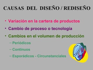 CAUSAS  DEL  DISEÑO / REDISEÑO Variación en la cartera de productos  Cambio de proceso o tecnología Cambios en el volumen de producción Periódicos Continuos Esporádicos - Circunstanciales 