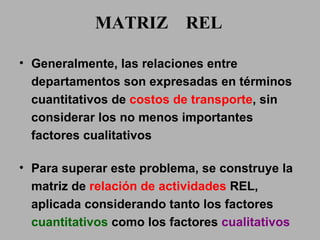 MATRIZ  REL Generalmente, las relaciones entre departamentos son expresadas en términos cuantitativos de  costos de transporte , sin considerar los no menos importantes factores cualitativos Para superar este problema, se construye la matriz de  relación de actividades  REL, aplicada considerando tanto los factores  cuantitativos  como los factores  cualitativos 