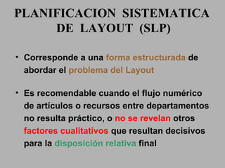 PLANIFICACION  SISTEMATICA  DE  LAYOUT  (SLP) Corresponde a una  forma estructurada   de abordar el  problema del Layout Es recomendable cuando el flujo numérico de artículos o recursos entre  departamentos  no resulta práctico, o  no se revelan  otros  factores cualitativos  que resultan decisivos para la  disposición relativa  final 