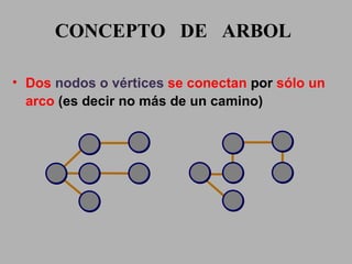 CONCEPTO  DE  ARBOL Dos  nodos o vértices   se conectan  por  sólo   un arco  (es decir no más de un camino) 