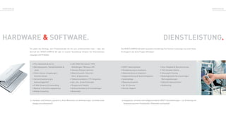 HARDWARE & SOFTWARE.                                                                                                                                        DIENSTLEISTUNG.
          PORTFOLIO                                                                                                                                                                                                 PORTFOLIO




                      Für jeden das Richtige, vom Privatanwender bis hin zum professionellen User – über den   Die INTACT.COMPCO AG liefert qualitativ hochwertige Full-Service-Leistungen aus einer Hand.
                      Vertrieb der INTACT.COMPCO AG oder in unserer Ausstellung erhalten Sie Informationen,    Ein Support, der keine Fragen offenlässt!
                      Lösungen und Produkte:




                         • PCs, Notebooks & Server                  • LAN-/WAN-Netzwerke / VPN-
                         • Betriebssysteme, Standardsoftware &       Anbindungen / Wireless LAN                • EDV/IT-Administration                           • User-Helpdesk & Benutzerservice
                          -tools                                    • Internet-/Intranet-Services              • Komplettierung & Installation                   • 7x24-Stunden-Hotline
                         • Client-/Server-Umgebungen,               • Datensicherheit / Security /             • Inbetriebnahme & Integration                    • Schulung & Training
                          Terminal-Server                            Viren- & Spamschutz                       • Implementierung & Systemintegration             • Bedarfsgerechte Serviceverträge /
                         • Servervirtualisierung &                  • Telekommunikation / CTI-Integration      • Systempflege                                      Wartungsleistungen
                          Hochverfügbarkeit                         • Auf-, Um- & Hochrüstungen                • Reparaturannahme                                • Zyklische Administration
                         • E-Mail-Systeme & Faxhandling             • Peripherie & Zubehör                     • Vor-Ort-Service                                 • Bodyleasing
                         • Backup- & Archivierungssysteme           • Verbrauchsmaterial & Ersatzteillager     • Remote-Support
                         • Mobile Computing                         • Multimedia




                      > Hardware und Software, passend zu Ihren Wünschen und Anforderungen, herstellerunab-    > Angepasste, sinnvolle und maßgeschneiderte EDV/IT-Dienstleistungen – zur Erhaltung und
                         hängig und professionell!                                                                Verbesserung Ihrer Produktivität, Effektivität und Qualität!




                                                                                                                                                                                              Bild: Fujitsu Siemens Computers
               rs
             te
           pu
         om
       sC
     en
   em
 Si
           u
        its
      uj
    :F
  ld
Bi
 