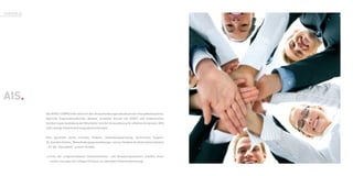 AIS.
PORTFOLIO




            Die INTACT.COMPCO AG stellt sich den Herausforderungen des deutschen Gesundheitssystems.
            Optimale Organisationsformen, Abläufe, sinnvoller Einsatz von EDV/IT und medizinischen
            Geräten sowie Ausbildung der Mitarbeiter sind die Voraussetzung für effektive Arztpraxen, MVZ
            und sonstige Patientenversorgungseinrichtungen.


            Dies geschieht durch ortsnahe Präsenz, Anwendungsberatung, technischen Support,
            24-Stunden-Hotline, Weiterbildungsveranstaltungen und ein flexibles ArztInformationsSystem
            – für die „Gesundheit“ unserer Kunden.


            > Trotz der vorgeschriebenen Dokumentations- und Verwaltungsarbeiten schaffen Ihnen
              unsere Lösungen den nötigen Freiraum zur optimalen Patientenbetreuung!
 