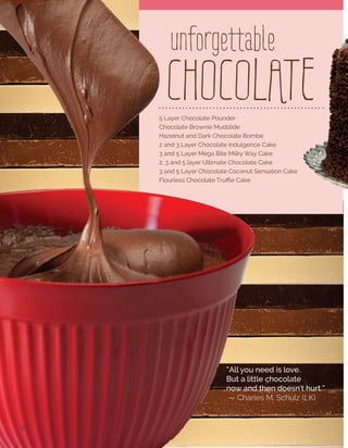 SOUTHERN RED VELVET
2800024	
2/12 count	

FLORIDA ORANGE SUNSHINE® CHEESECAKE
28100024	
2/12 count 	 uncut	
12 lbs.
uncut	

12 lbs.

Sweet Endings red velvet cake is made the authentic
way with the best cocoa, buttermilk, vinegar and vanilla
and covered in rich cream cheese frosting. It’s all about
the southern state of mind! Serving suggestions:
Valentine’s Day - Serve with small chocolate hearts.
Christmas - Serve with candied green leaves.

Creamy Florida Orange Sunshine® Cheesecake is poured
into a crunchy graham cracker crust (one bite will remind
you of a creamsicle). Serving suggestion: Plate with
dark chocolate ganache.

"Life is uncertain. Eat dessert first."―
— Ernestine Ulmer

KEY LIME RASPBERRY CHEESECAKE
28260024	
2/12 count 	
uncut 	 12 lbs.

BANANA RUMBA
28560024	
2/12 count 	

Sweet and tangy key lime cheesecake swirled with
sweet raspberry puree poured on top of a graham
cracker crust. Serving suggestion: Serve with a white
chocolate lime ganache and fresh raspberries.
uncut	

12 lbs.

Two layers of fresh banana cake filled with banana
custard and covered in sweet butter cream and crunchy
streusel. Serving suggestion: Serve with grilled fresh
bananas and caramel sauce.

DIVINE COCONUT CREAM LAYER CAKE
28840024 	
2/12 count	
uncut	
12 lbs.

COUNTRY CARROT LAYER CAKE
281600024			 2/12 count			
uncut		 15 lbs.

19

Our two layer carrot cake is filled with pineapple, walnuts,
golden raisins (as well as sweet carrots) and is covered in
sweet cream cheese frosting. Delicious served warm.

ACTUAL SIZE
3" x 2 1/2"

Our coconut cake is baked with real coconut milk in
each luscious layer; fresh coconut is mixed into our
scrumptious pudding that fills our moist layers. We frost
these layers with soft buttercream and coconut flakes.
Serving suggestions: Serve with toasted coconut and
warm chocolate ganache drizzled on top. Serve with
raspberry sauce. Serve with grilled pineapple.

20

 