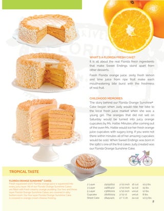 IT'S PURE
COCONUT

WHAT MAKES OUR PERFECT COCONUT CAKES?
Our ingredients! Coconut milk, fresh butter,
sugar, flour, real eggs, fresh coconut,
whole milk and fresh cream.

COCO-NUTTY TASTE
SWEET GEORGIA COCONUT CREAM BOMBE®
24541402	
2/10 inch 	
14 cut 	 11.8 lbs.
Every mouthful of our Sweet Georgia Coconut Cream Bombe® is
filled with real coconut milk and fresh flaky coconut. The coconut milk
and flaky coconut are baked into the layers and mixed into our coconut
cream pie pudding. We frost this remarkable cake with smooth
buttercream and more fresh flaky coconut.

5

“Let them eat cake”
―— Marie Antoinette

DIVINE COCONUT CAKES
Layers of scrumptious coconut cake
baked with real coconut milk and fresh flaky
coconut are filled with creamy coconut pudding.
Our coconut cream pie pudding is as decadent as eating a
coconut cream pie. The cake is then covered in sweet
buttercream and coconut flakes.
2 Layer 	
3 Layer 	
5 Layer 	
Individual 	
Cupcake 	

25551602	 1/10 inch	
24551202	 1/10 inch	
23540001	 1/10 inch	
28840024	 2/12 count 	
28540024	 2/12 count	

16 cut	
14 cut	
uncut	
uncut	
uncut	

5 lbs
7 lbs.
12 lbs.
8 lbs.
7 lbs.

6

 