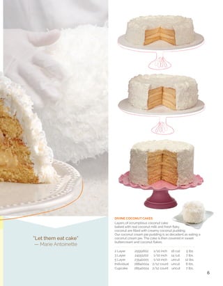 & more

CHOCOLATE COCONUT SENSATION - 5 & 3 LAYER
5 Layer	
24240001	 2/10 inch 	 uncut	
13.8 lbs.
3 Layer	
24241402	 2/10 inch 	 14 cut	 14 lbs.
		
Moist, sweet, creamy coconut filling surrounds divine
layers of dark chocolate cake covered in decadent dark
chocolate ganache and mounds of tender sweet coconut.

unforgettable

CREAMY
Cheesecakes

CHOCOLATE

FLOURLESS CHOCOLATE TRUFFLE
1 Layer 	
24021602 	 2/10 inch 	 16 cut	

8 lbs.

B
	 utter, chocolate, eggs and heavy cream...
.what could be simpler?

13

14

 