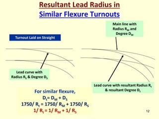 12
Resultant Lead Radius in
Similar Flexure Turnouts
Main line with
Radius RM and
Degree DM
Lead curve with resultant Radius Rt
& resultant Degree Dt
Lead curve with
Radius RS & Degree DS
Turnout Laid on Straight
For similar flexure,
Dt= DM + DS
1750/ Rt = 1750/ RM + 1750/ RS
1/ Rt = 1/ RM + 1/ RS
 