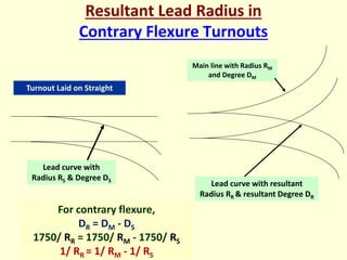 Resultant Lead Radius in
Contrary Flexure Turnouts
Lead curve with
Radius RS & Degree DS
Turnout Laid on Straight
Main line with Radius RM
and Degree DM
Lead curve with resultant
Radius RR & resultant Degree DR
For contrary flexure,
DR = DM - DS
1750/ RR = 1750/ RM - 1750/ RS
1/ RR = 1/ RM - 1/ RS
 