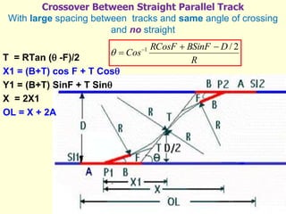 Crossover Between Straight Parallel Track
With large spacing between tracks and same angle of crossing
and no straight
T = RTan ( -F)/2
X1 = (B+T) cos F + T Cos
Y1 = (B+T) SinF + T Sin
X = 2X1
OL = X + 2A
R
D
BSinF
RCosF
Cos
2
/
1 

 

 