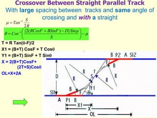 Crossover Between Straight Parallel Track
With large spacing between tracks and same angle of
crossing and with a straight
T = R Tan(-F)/2
X1 = (B+T) CosF + T Cos
Y1 = (B+T) SinF + T Sin
X = 2(B+T)CosF+
(2T+S)Cos
OL=X+2A
R
S
Tan
2
1





 





 

 
S
Sin
D
BSinF
RCosF
Cos
}
)
(
2
{
1
 
