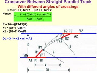 Crossover Between Straight Parallel Track
With different angles of crossings
D = (B1 + T) SinF1 + (B2 + T) SinF2
Hence,
R = T/tan{(F1-F2)/2}
X1 = (B1+T)CosF1
X2 = (B2+T) CosF2
OL = X1 + X2 + A1 + A2
2
1
2
2
1
1 )
(
SinF
SinF
SinF
B
SinF
B
D
T




 