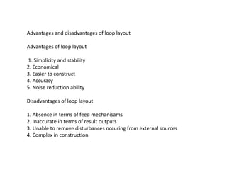 Advantages and disadvantages of loop layout
Advantages of loop layout
1. Simplicity and stability
2. Economical
3. Easier to construct
4. Accuracy
5. Noise reduction ability
Disadvantages of loop layout
1. Absence in terms of feed mechanisams
2. Inaccurate in terms of result outputs
3. Unable to remove disturbances occuring from external sources
4. Complex in construction
 