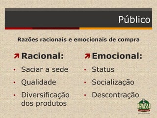 Público

 Razões racionais e emocionais de compra


 Racional:            Emocional:
• Saciar a sede       • Status

• Qualidade           • Socialização

• Diversificação      • Descontração
  dos produtos
 