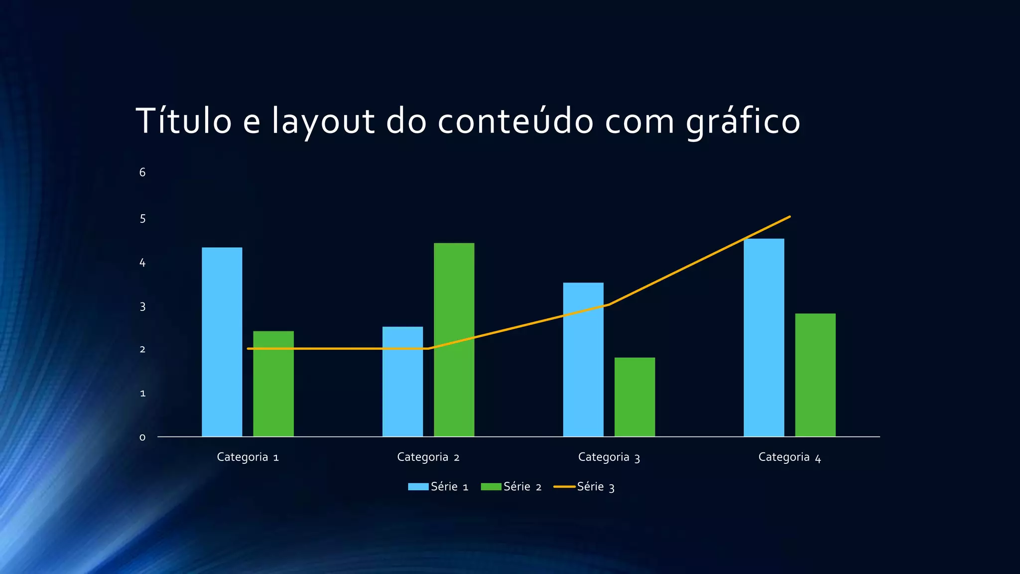 Título e layout do conteúdo com gráfico
0
1
2
3
4
5
6
Categoria 1 Categoria 2 Categoria 3 Categoria 4
Série 1 Série 2 Série 3
 
