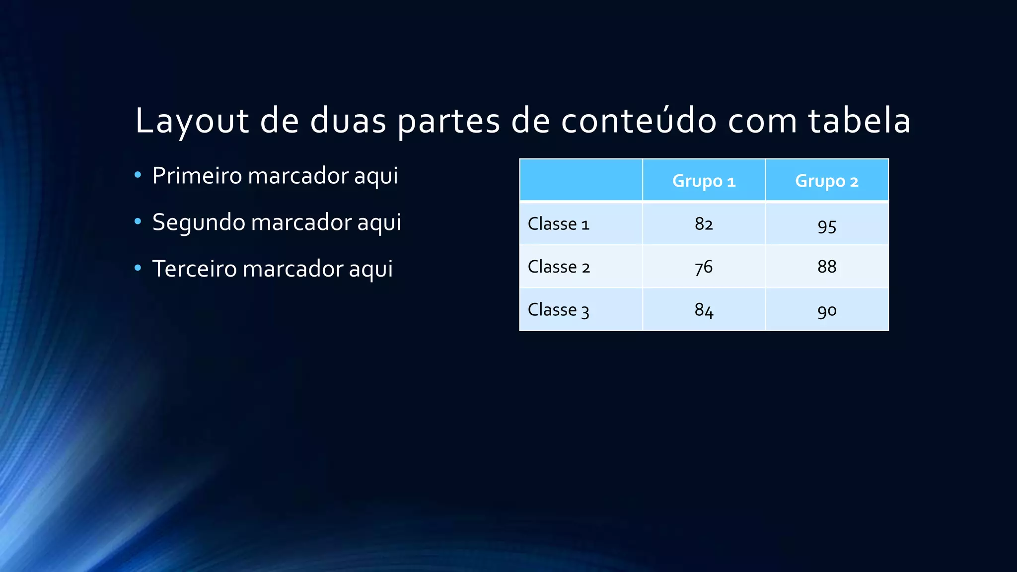 Layout de duas partes de conteúdo com tabela
• Primeiro marcador aqui
• Segundo marcador aqui
• Terceiro marcador aqui
Grupo 1 Grupo 2
Classe 1 82 95
Classe 2 76 88
Classe 3 84 90
 