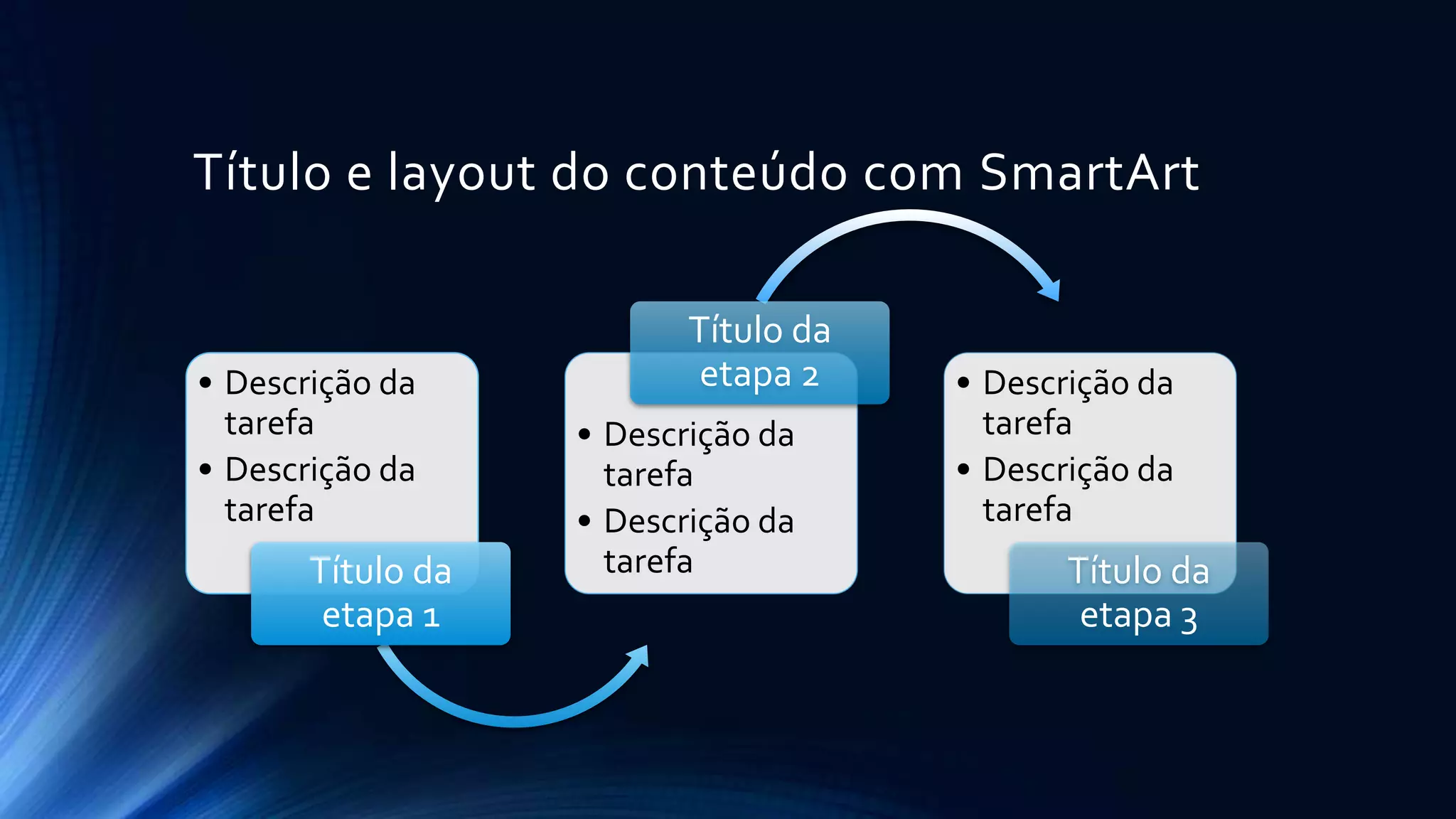 Título e layout do conteúdo com SmartArt
• Descrição da
tarefa
• Descrição da
tarefa
Título da
etapa 1
• Descrição da
tarefa
• Descrição da
tarefa
Título da
etapa 2 • Descrição da
tarefa
• Descrição da
tarefa
Título da
etapa 3
 
