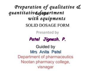 Preparation of qualitative & quantitative department  with equipments  for Presented by Patel  Jignesh. P. Guided by Mrs  Anita  Patel Department of pharmaceutics Nootan pharmacy college, visnagar layout SOLID DOSAGE FORM 