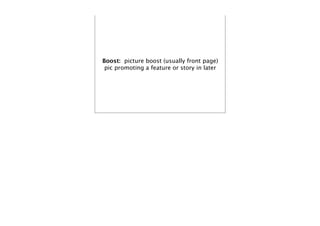 Boost: picture boost (usually front page)
 pic promoting a feature or story in later
 