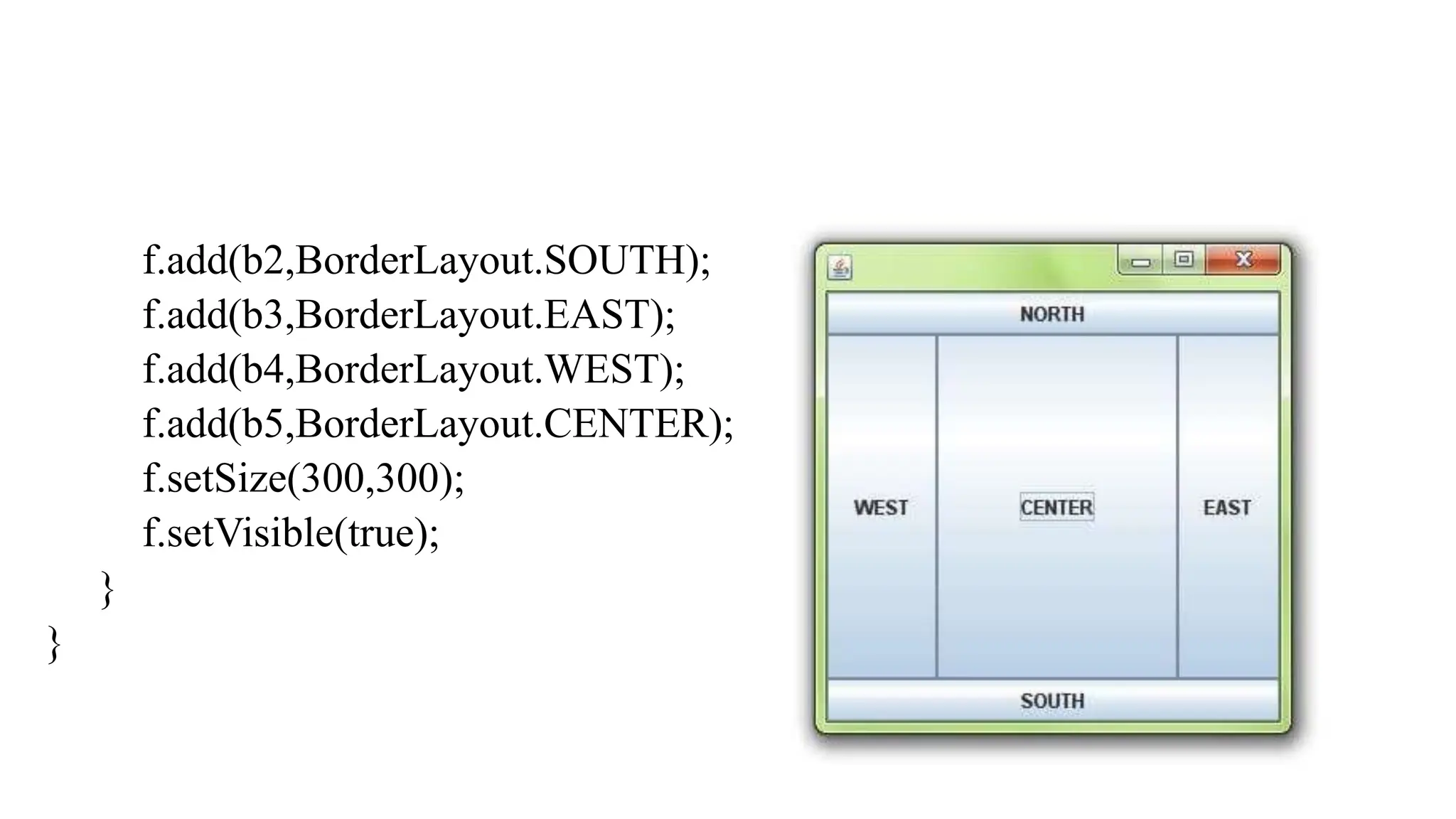 f.add(b2,BorderLayout.SOUTH);
f.add(b3,BorderLayout.EAST);
f.add(b4,BorderLayout.WEST);
f.add(b5,BorderLayout.CENTER);
f.setSize(300,300);
f.setVisible(true);
}
}
 