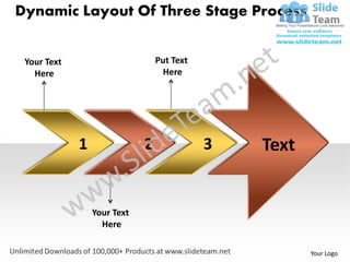 Dynamic Layout Of Three Stage Process


 Your Text                       Put Text
   Here                           Here




             1               2              3   Text


                 Your Text
                   Here

                                                       Your Logo
 