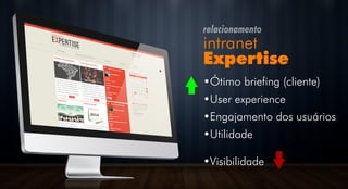 relacionamento
intranet
Expertise
•Ótimo briefing (cliente)
•User experience
•Engajamento dos usuários
•Utilidade
•Visibilidade
 