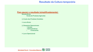 Resultado da Cultura temporária
Para apurar o resultado (simplificadamente):
Receita Bruta
Venda de Produtos Agrícolas
(-) Custo dos Produtos Vendidos
= Lucro Bruto
(-) Despesas Operacionais
- Vendas
- Administrativas
- - Financeiras
= Lucro Operacional
Atividade Rural – Conceitos Básicos
 