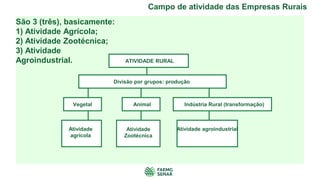 Campo de atividade das Empresas Rurais
São 3 (três), basicamente:
1) Atividade Agrícola;
2) Atividade Zootécnica;
3) Atividade
Agroindustrial. ATIVIDADE RURAL
Divisão por grupos: produção
Vegetal Animal Indústria Rural (transformação)
Atividade
agrícola
Atividade
Zootécnica
Atividade agroindustrial
 