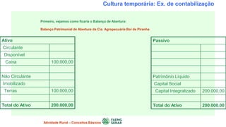 Cultura temporária: Ex. de contabilização
Ativo
Circulante
Disponível
Caixa 100.000,00
Não Circulante
Imobilizado
Terras 100.000,00
Total do Ativo 200.000,00
Passivo
Patrimônio Líquido
Capital Social
Capital Integralizado 200.000,00
Total do Ativo 200.000,00
Primeiro, vejamos como ficaria o Balanço de Abertura:
Balanço Patrimonial de Abertura da Cia. Agropecuária Boi de Piranha
Atividade Rural – Conceitos Básicos
 