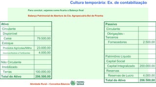 Cultura temporária: Ex. de contabilização
Ativo
Circulante
Disponível
Caixa 79.500,00
Estoque
Produtos Agrícolas/Milho 23.000,00
Insumos/Adubos e Fertilizantes 4.000,00
Não Circulante
Imobilizado
Terras 100.000,00
Total do Ativo 206.500,00
Passivo
Circulante
Obrigações -
Terceiros
Fornecedores 2.500,00
Patrimônio Líquido
Capital Social
Capital Integralizado 200.000,00
Reservas
Reservas de Lucro 4.000,00
Total do Ativo 206.500,00
Para concluir, vejamos como ficaria o Balanço final
Balanço Patrimonial de Abertura da Cia. Agropecuária Boi de Piranha
Atividade Rural – Conceitos Básicos
 