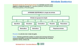 Atividade Zootécnica
Atividade Zootécnica  Produção Animal: é a atividade que tem como
objetivo a criação de animais. Ex.: Apicultura (abelhas); Avicultura (aves);
Piscicultura (peixes); e Pecuária (gado).
ATIVIDADE ZOOTÉCNICA  criação de animais
Divisão em grupos de criação
Apicultura
Atividade Rural – Conceitos Básicos
Avicultura Cunicultura Pecuária Piscicultura
Ranicultura Sericultura Pequenos animais
Pecuária: é a arte de criar e tratar do gado.
Gados: Animais geralmente criados no campo para serviços de lavoura,
consumo doméstico ou para fins industriais e comerciais. Ex: bovinos,
caprinos, suínos, ovinos, etc.
 