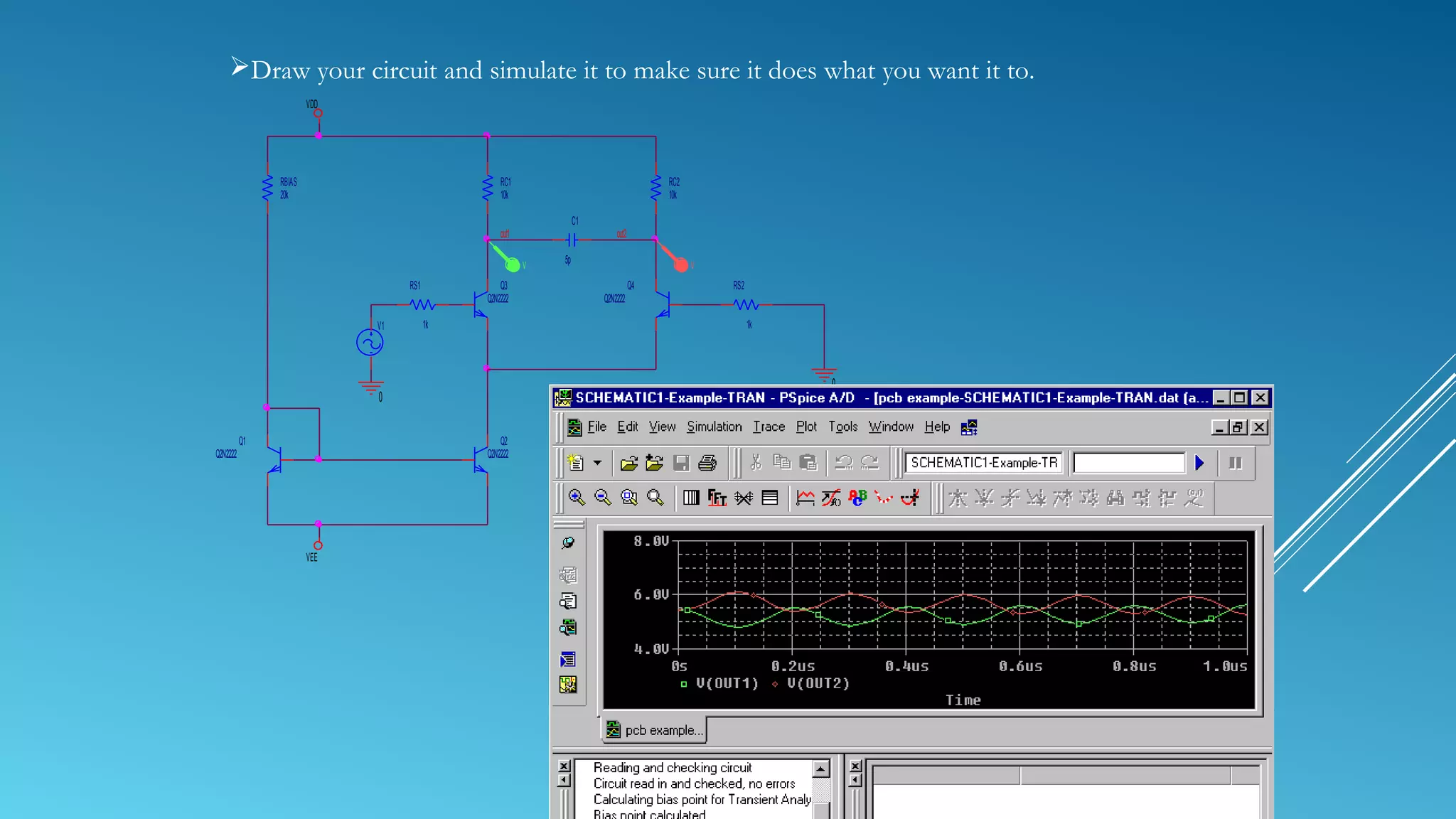 RS2
1kV1
V2
12V
0
VEE
Q3
Q2N2222
Q2
Q2N2222
V
C1
5p
0
V3
-12V
RS1
1k
VDD
V
RC2
10k
out2
Q4
Q2N2222
out1
RC1
10k
VDD
RBIAS
20k
VEE
0
Q1
Q2N2222
Draw your circuit and simulate it to make sure it does what you want it to.
 
