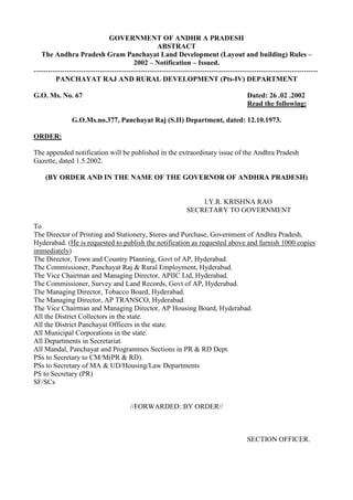 GOVERNMENT OF ANDHR A PRADESH
ABSTRACT
The Andhra Pradesh Gram Panchayat Land Development (Layout and building) Rules –
2002 – Notification – Issued.
------------------------------------------------------------------------------------------------------------------------
PANCHAYAT RAJ AND RURAL DEVELOPMENT (Pts-IV) DEPARTMENT
G.O. Ms. No. 67 Dated: 26 .02 .2002
Read the following:
G.O.Ms.no.377, Panchayat Raj (S.II) Department, dated: 12.10.1973.
ORDER:
The appended notification will be published in the extraordinary issue of the Andhra Pradesh
Gazette, dated 1.5.2002.
(BY ORDER AND IN THE NAME OF THE GOVERNOR OF ANDHRA PRADESH)
I.Y.R. KRISHNA RAO
SECRETARY TO GOVERNMENT
To
The Director of Printing and Stationery, Stores and Purchase, Government of Andhra Pradesh,
Hyderabad. (He is requested to publish the notification as requested above and furnish 1000 copies
immediately)
The Director, Town and Country Planning, Govt of AP, Hyderabad.
The Commissioner, Panchayat Raj & Rural Employment, Hyderabad.
The Vice Chairman and Managing Director, APIIC Ltd, Hyderabad.
The Commissioner, Survey and Land Records, Govt of AP, Hyderabad.
The Managing Director, Tobacco Board, Hyderabad.
The Managing Director, AP TRANSCO, Hyderabad.
The Vice Chairman and Managing Director, AP Housing Board, Hyderabad.
All the District Collectors in the state.
All the District Panchayat Officers in the state.
All Municipal Corporations in the state.
All Departments in Secretariat.
All Mandal, Panchayat and Programmes Sections in PR & RD Dept.
PSs to Secretary to CM/M(PR & RD).
PSs to Secretary of MA & UD/Housing/Law Departments
PS to Secretary (PR)
SF/SCs
//FORWARDED::BY ORDER//
SECTION OFFICER.
 