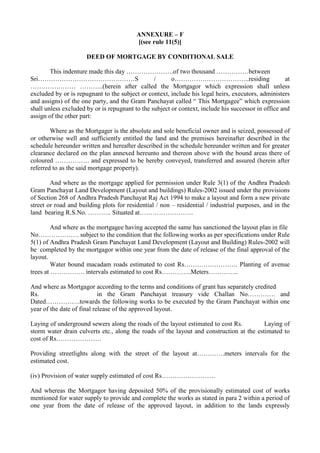 ANNEXURE – F
[(see rule 11(5)]
DEED OF MORTGAGE BY CONDITIONAL SALE
This indenture made this day ………………….of two thousand …...