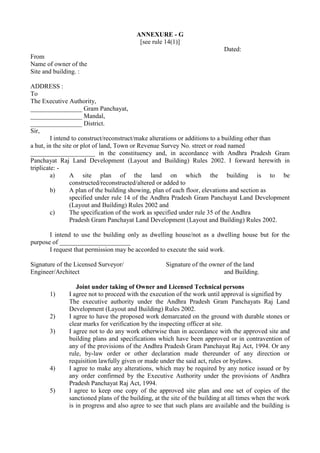 ANNEXURE - G
[see rule 14(1)]
Dated:
From
Name of owner of the
Site and building. :
ADDRESS :
To
The Executive Authority,
...