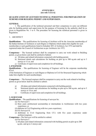 ANNEXURE-I
[see rule 3 (3) (v)]
QUALIFICATION OF LICENSED TECHNICAL PERSONNEL FOR PREPARATION OF
SCHEMES FOR BUILDING PERM...