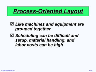 Process-Oriented Layout Like machines and equipment are grouped together Scheduling can be difficult and setup, material handling, and labor costs can be high 