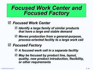 Focused Work Center and Focused Factory Focused Work Center Identify a large family of similar products that have a large and stable demand Moves production from a general-purpose, process-oriented facility to a large work cell Focused Factory A focused work cell in a separate facility May be focused by product line, layout, quality, new product introduction, flexibility, or other requirements 