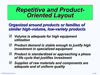 Repetitive and Product-Oriented Layout Volume is adequate for high equipment utilization Product demand is stable enough to justify high investment in specialized equipment Product is standardized or approaching a phase of life cycle that justifies investment  Supplies of raw materials and components are adequate and of uniform quality Organized around products or families of similar high-volume, low-variety products 