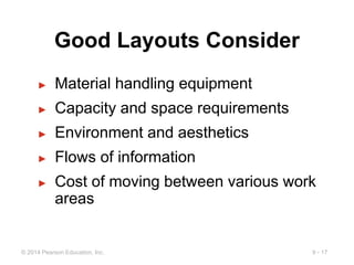 9 - 17
© 2014 Pearson Education, Inc.
Good Layouts Consider
► Material handling equipment
► Capacity and space requirements
► Environment and aesthetics
► Flows of information
► Cost of moving between various work
areas
 